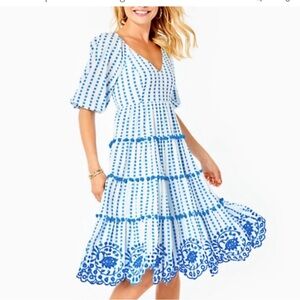 NWT 6 Lilly Pulitzer Sidney Midi Dress Gingham Striped Jacquard Embroidery Blue